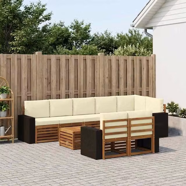 Set di divani da esterno a L vidaXL in legno di acacia con tavolo da caffè, colore beige e bianco, composto da 9 pezzi con cuscini inclusi – 1
