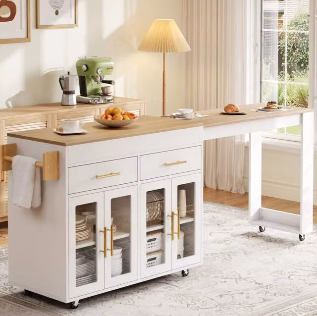 Isola cucina mobile con piano estraibile e tavolo bar; MDF bianco; 132;5-217 x 50 x 93 cm