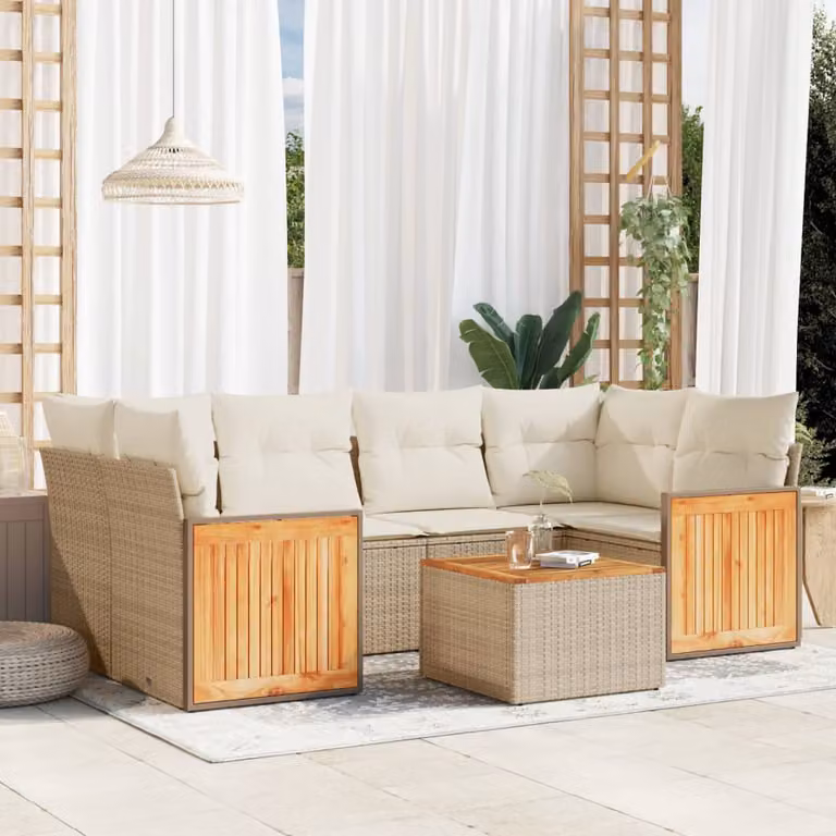vidaXL Set Divani da Giardino 7 pz a Forma a L in Polyrattan con Cuscini Beige e Tavolino da Esterno