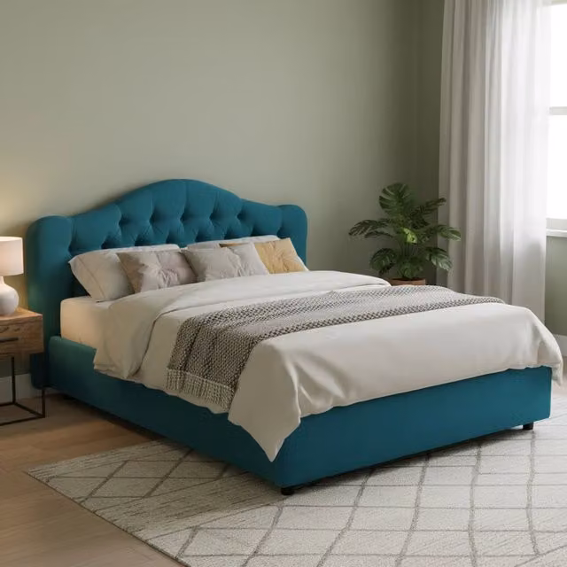 Letto Matrimoniale Allik DMORA con Contenitore a Alzata, Rivestimento in Tessuto, L/P: 160 x 200 cm, Blu e Nero
