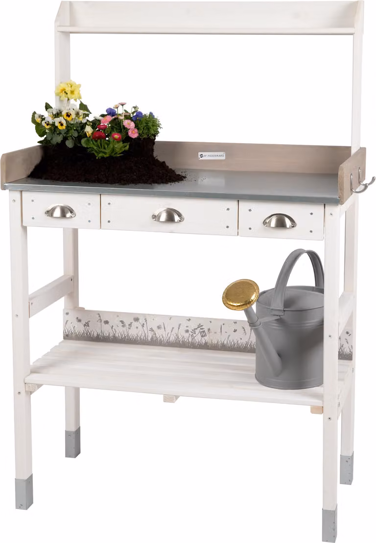 WONDERMAKE Tavolo da lavoro per piante grande, bianco, con 3 cassetti in legno, resistente agli agenti atmosferici, tavolo da lavoro per il giardino, XL, per uso esterno, ideale per balconi, di alta qualità, tavolo da giardiniere, bianco
