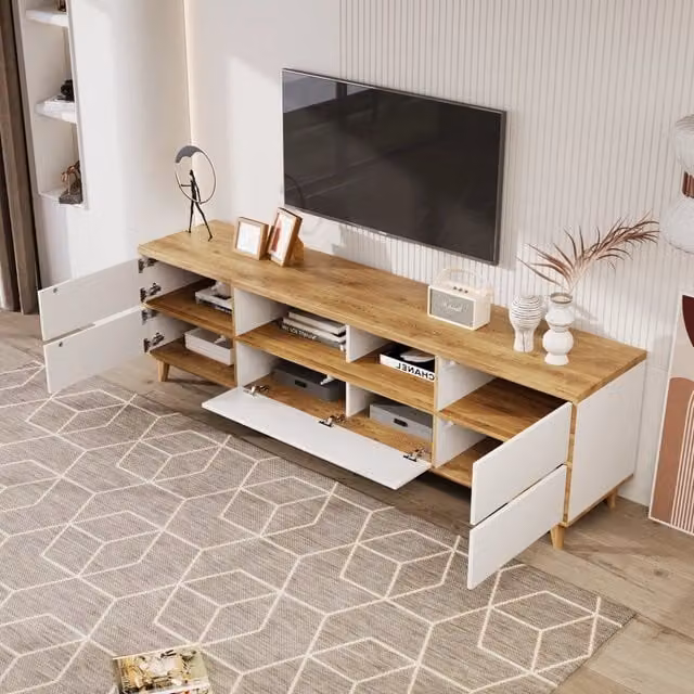 Mobile TV FOLYNAARREDO moderno con quattro ante e vani interni in MDF bianco e piedi in legno per soggiorno L: 175 cm, P: 37 cm, H: 51 cm