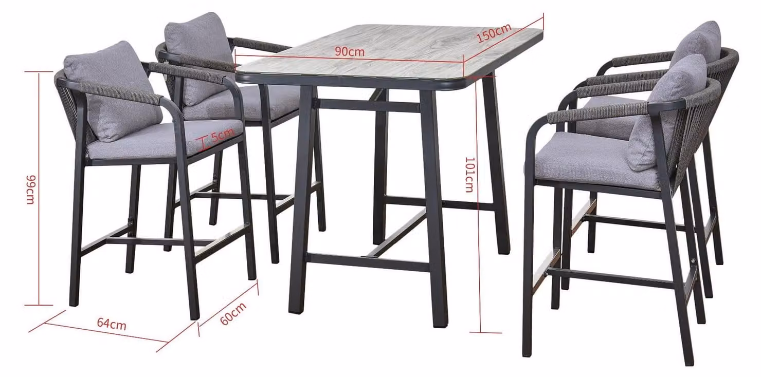 BREZZA | Set di mobili da giardino - 5 pezzi - Grigio - Tavolo alto - 4 sgabelli da bar - Design moderno