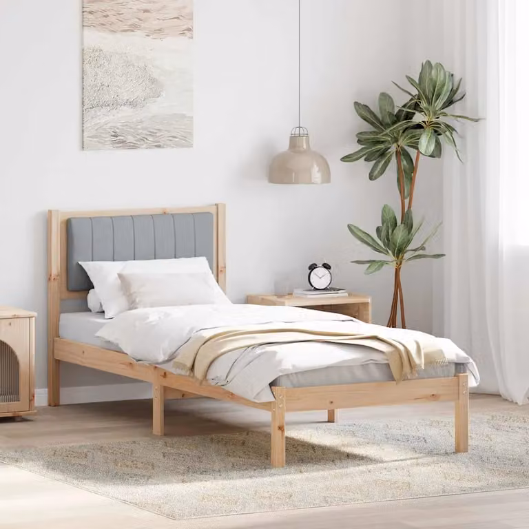 Letto con testiera rivestita vidaXL in legno di pino e tessuto, Grigio chiaro e Marrone, 80 x 200 cm