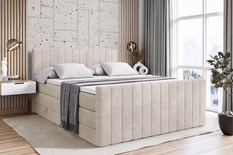 Letto boxspring ALTDECOR con pediera, 2 materassi e topper - 160x200 cm - EDITA-Z KING - Velluto color taupe - Letto imbottito con materassi H3 e H4, contenitore e rete a doghe, letto con spazio contenitivo