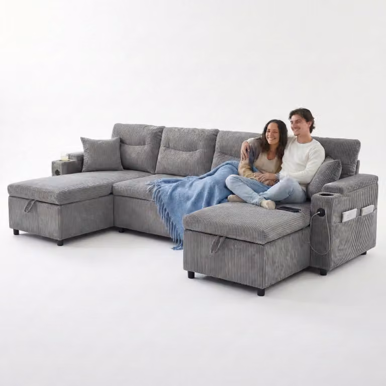 LVHOM Divano letto a U con contenitore, USB-C - Divano angolare con funzione letto, divano da salotto in velluto a coste a 4 posti, set di divani con contenitore, grigio
