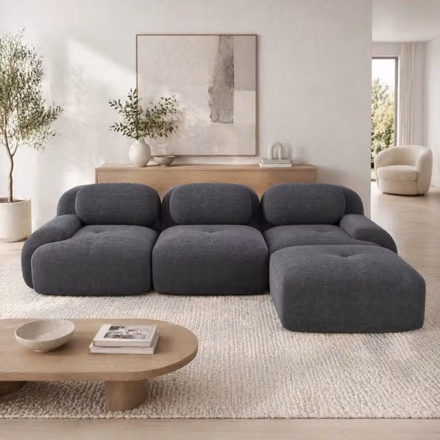 Divano angolare modulare 298x178x70 cm in corduroy grigio, senza montaggio, per soggiorni –