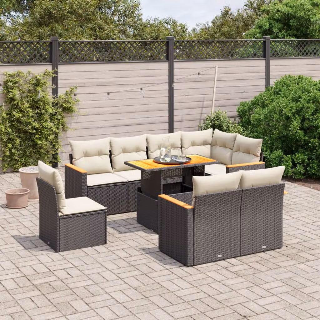 Set di Divani da Giardino a Forma di L vidaXL in Polyrattan Nero con Cuscini e Tavolino da Esterno – 1