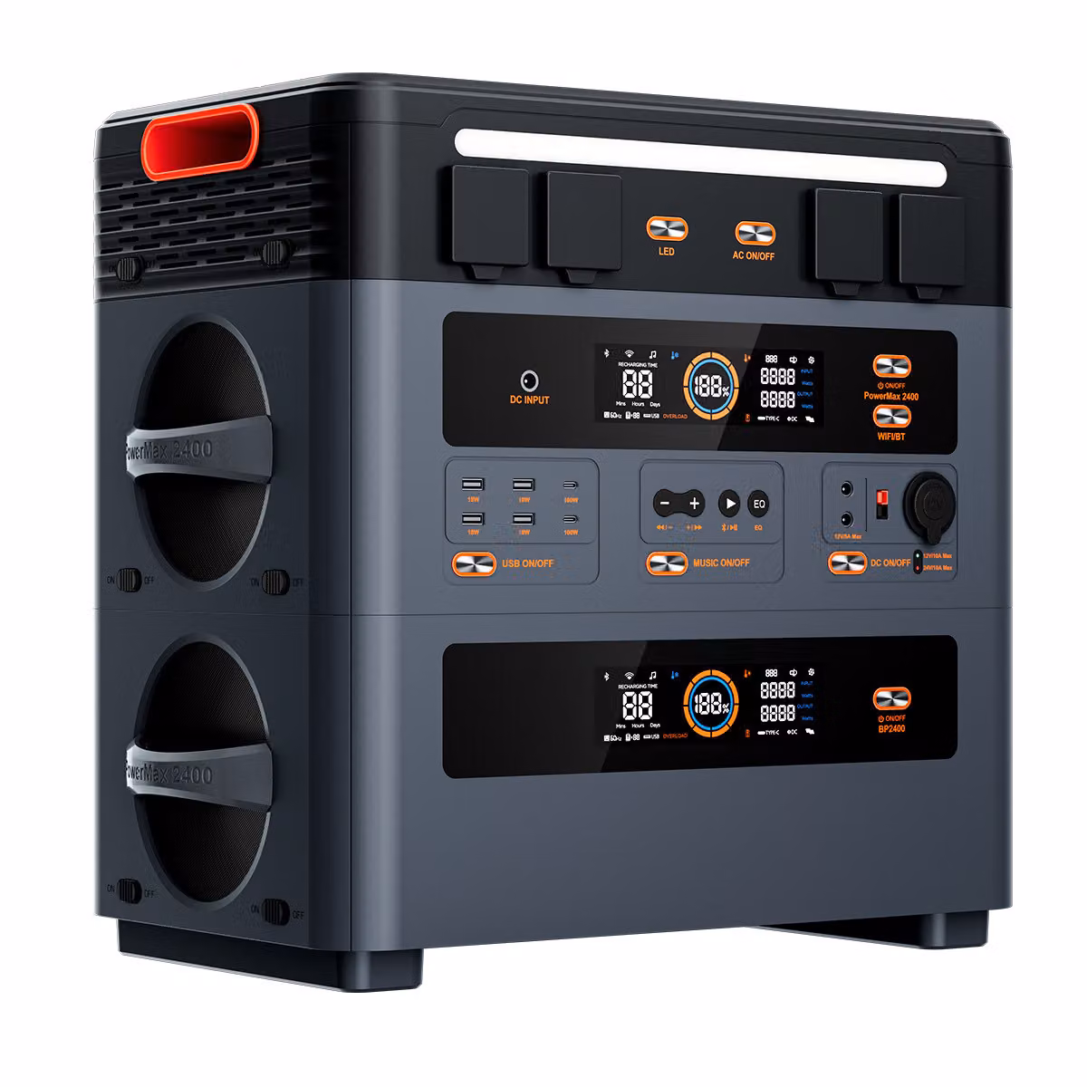 OSCAL PowerMax 2400Pro Centrale di accumulo solare separabile da 2400W con 2 stereo, microinverter, 16 connessioni + batteria supplementare OSCAL BP 2400Pro, 4032 Wh
