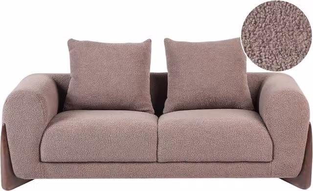 Divano a due posti con rivestimento in tessuto bouclè marrone con braccioli e gambe in legno stile moderno