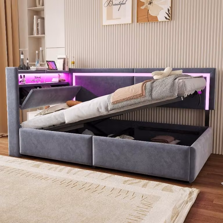 Letto imbottito 90x200 cm con illuminazione a LED e prese USB, letto in velluto grigio scuro con testiera ribaltabile e spazio contenitore ad apertura idraulica