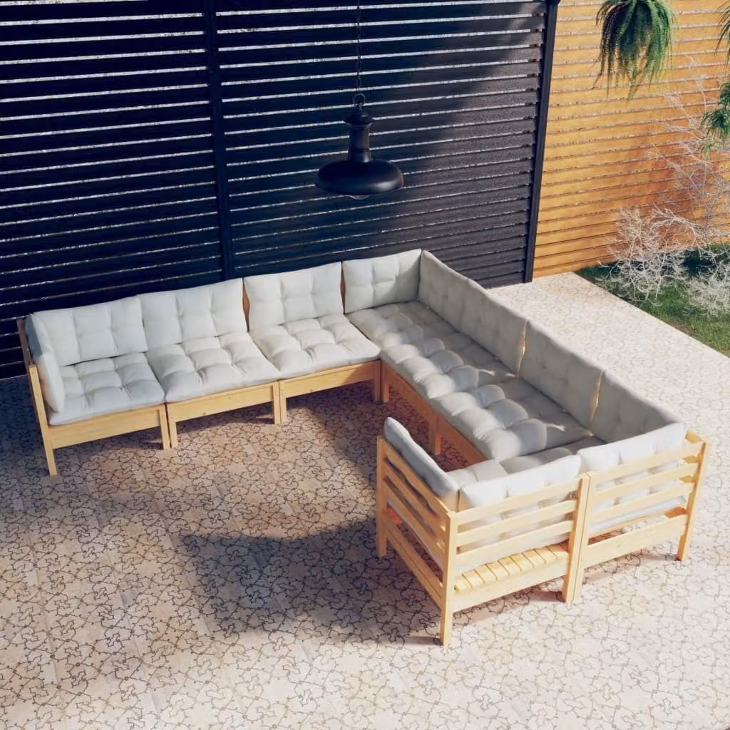 The Living Store Set da giardino da 8 pezzi con cuscini crema in legno di pino massiccio