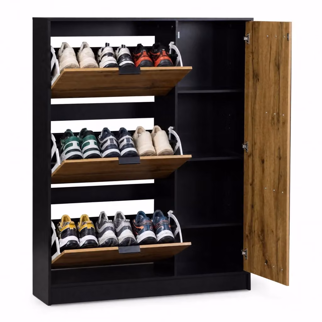Scarpiera moderna per ingresso con 3 ribalte e 1 anta, ripiani interni ed estetica opaca, L/P/H: 100 x 30 x 130 cm – 2
