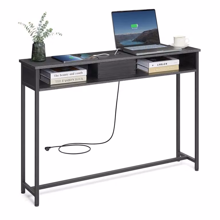 Tavolo Consolle con Multipresa, Grigio Antracite + Nero Inchiostro