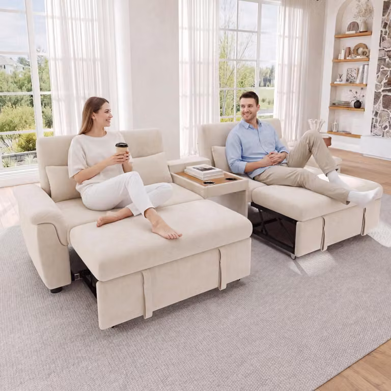 Divano letto Merax, modello a forma di "U", trasformabile in letto matrimoniale, divano letto a 4 posti con area per animali domestici, portabicchieri, 4 cuscini, tessuto in chenille, color beige
