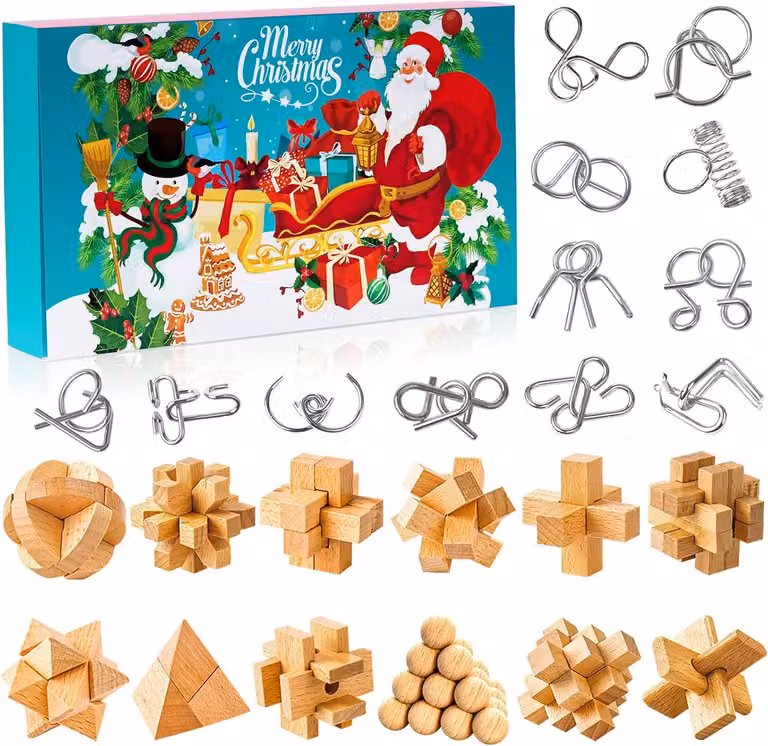Calendario dell'Avvento 2025 per bambini - 24 giorni di regali a tema natalizio, con giochi di puzzle e rompicapo in metallo e legno