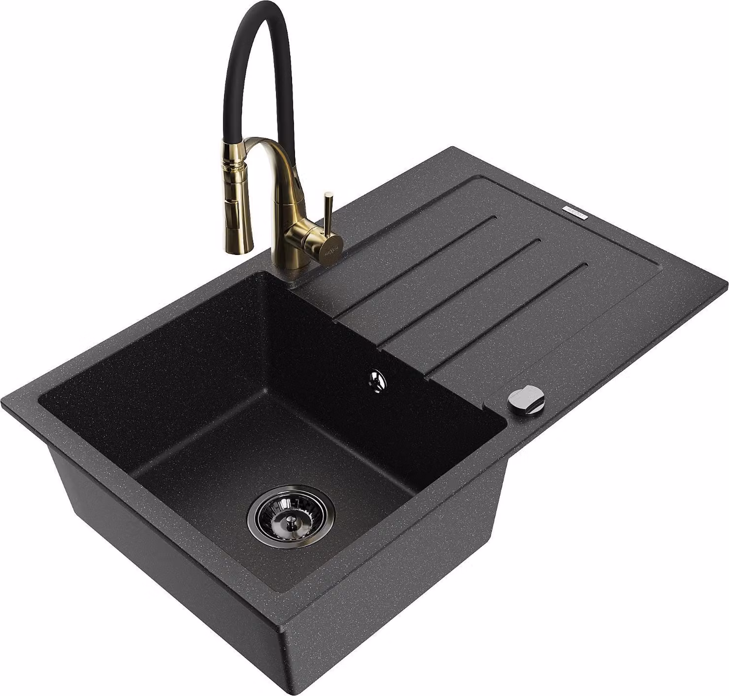 Mexen Bruno lavello in granito a 1 vasca con scolapiatti e rubinetto da cucina Aster, nero/argento metallizzato