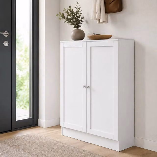 Scarpiera Sanba DMORA, Mobile porta scarpe e armadio da ingresso moderno, Bianco opaco, L: 79 cm, P: 28,3 cm, H: 107,2 cm – 1