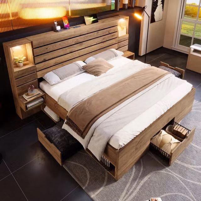 Letto matrimoniale 180x200 cm in MDF e metallo con faretti; USB Type-C; cassetti e comodini sospesi; rovere