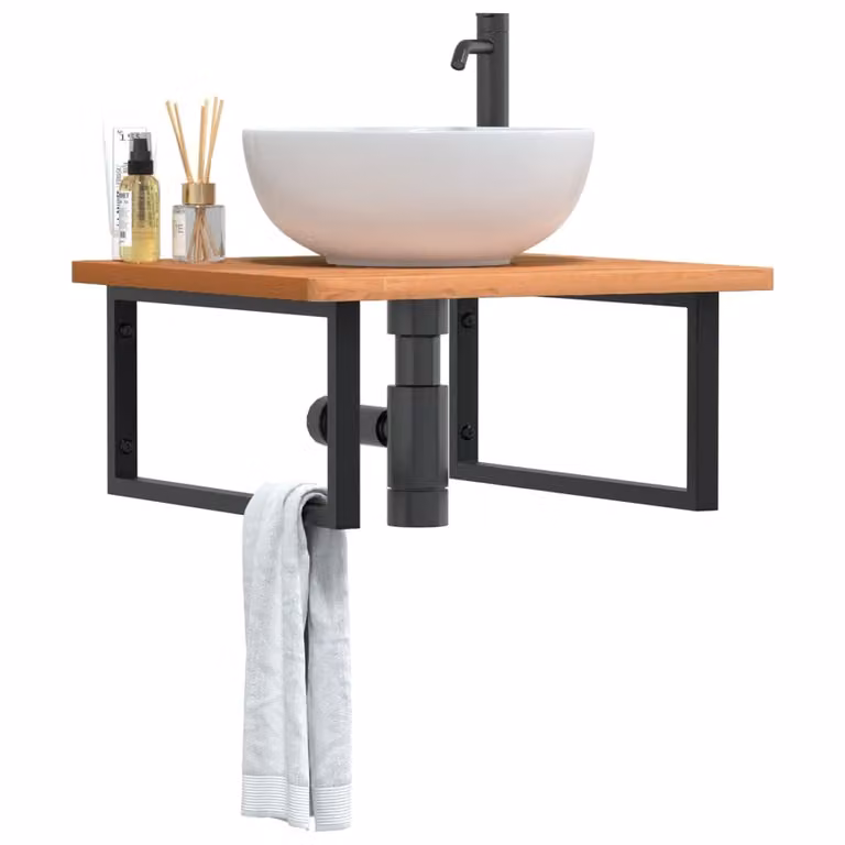 vidaXL Ripiano a Parete per Lavabo in Faggio Massello e Metallo, Nero e Marrone, L: 60 cm, P: 25 cm, H: 3 cm