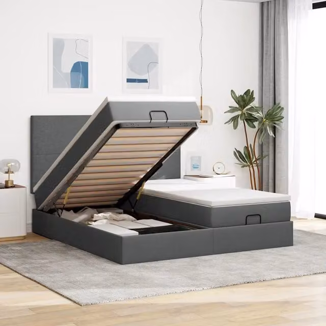 Letto con contenitore a sollevamento vidaXL in tessuto grigio e bianco con porta USB e illuminazione sottostante L/P/H: 180 x 200 x 128 cm – 1