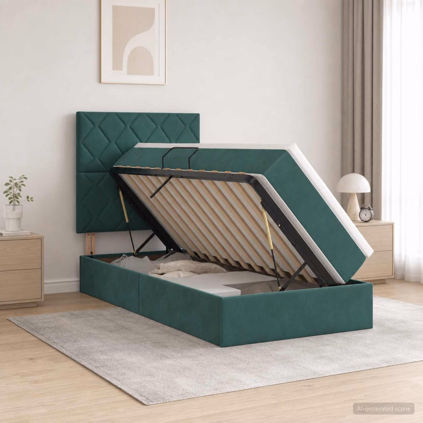 vidaXL Letto con contenitore e materasso in velluto Verde, L: 100 cm, P: 200 cm, H: 40 cm