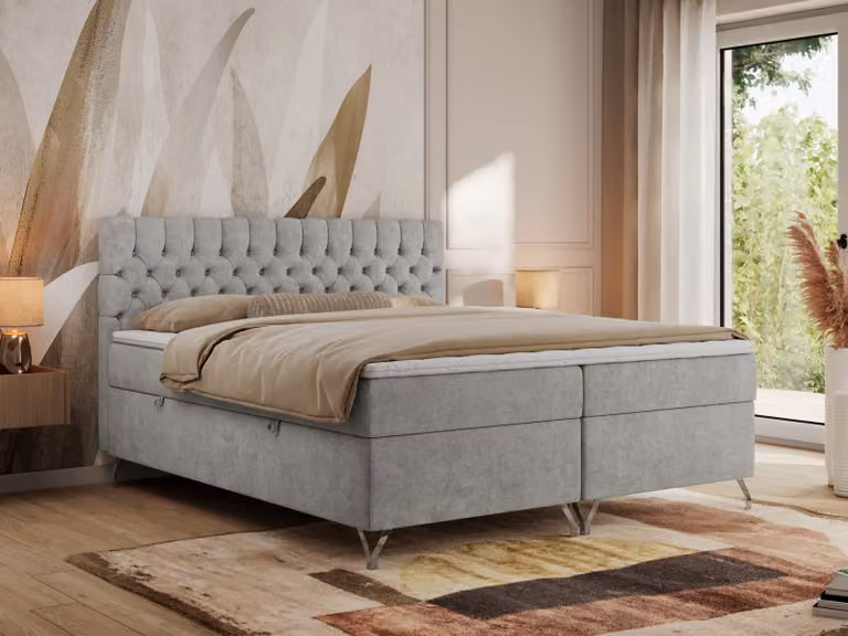 MKS MEBLE Letto boxspring 180x200, letto 180x200 con materasso H4, letto boxspring 180x200 con contenitore e topper, letto imbottito 180x200 con piedini - GRIMALDI - 180x200 - Grigio chiaro testurizzato - H4