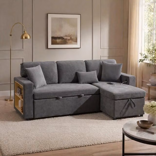 Divano letto MIVRAY con chaise longue reversibile grigio, porta USB, vano contenitore e cuscini inclusi, L/P/H: 214 x 87 x 126 cm