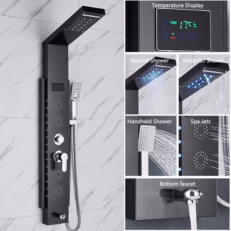 Pannello doccia LED effetto pioggia - Colonna doccia con getto a cascata - Display digitale della temperatura - Ugelli per massaggio corpo tipo spa - Acciaio inossidabile 304 - Nero