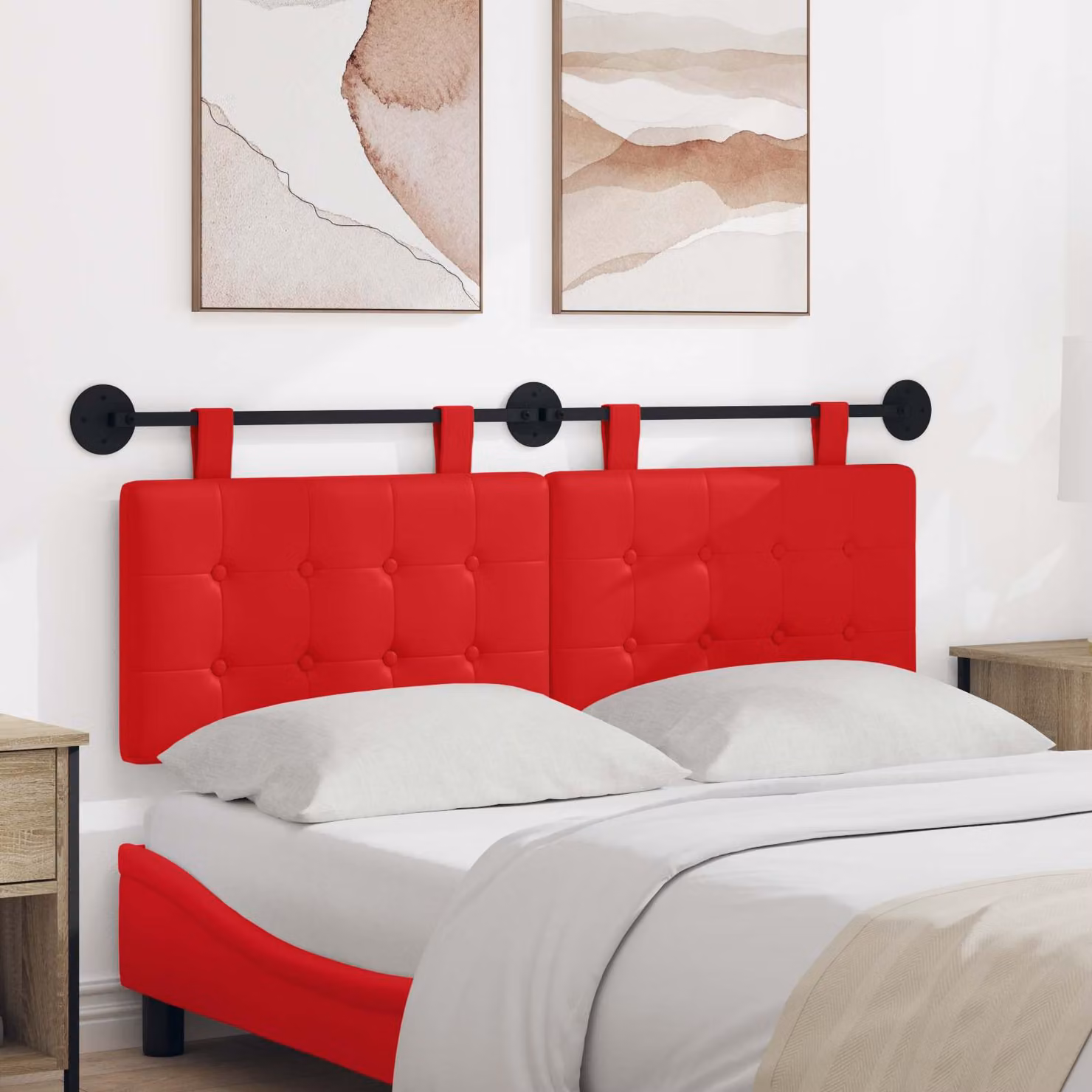 Testiera del letto sospesa vidaXL in similpelle rossa con design moderno e pannelli geometrici, L: 130 cm, H: 55 cm, P: 5 cm