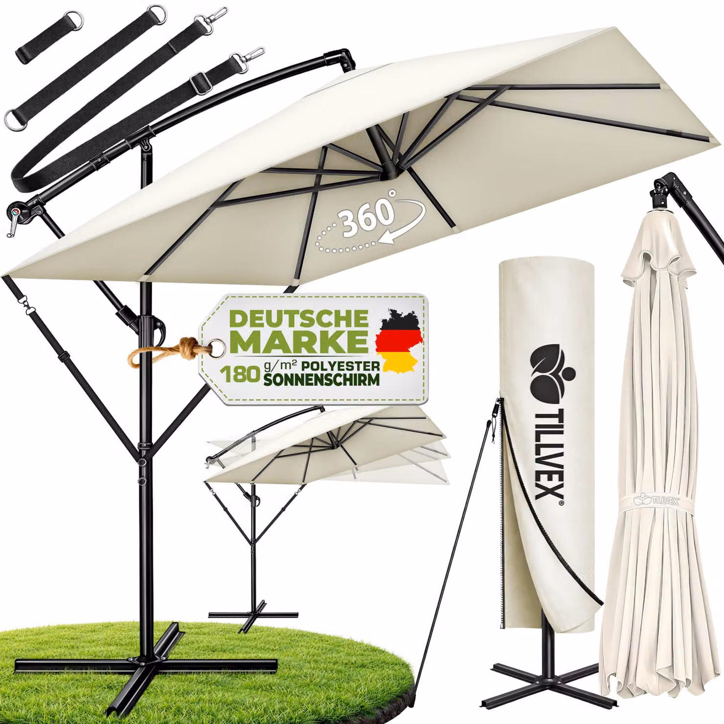 tillvex® Ombrellone in alluminio Rettangolare Ø 330 cm Beige + copertura con manovella | Ombrellone quadrato a sbalzo con supporto e frangivento | Ombrellone da giardino Protezione UV in alluminio | Ombrellone con manovella Impermeabile ruotabile a 360°