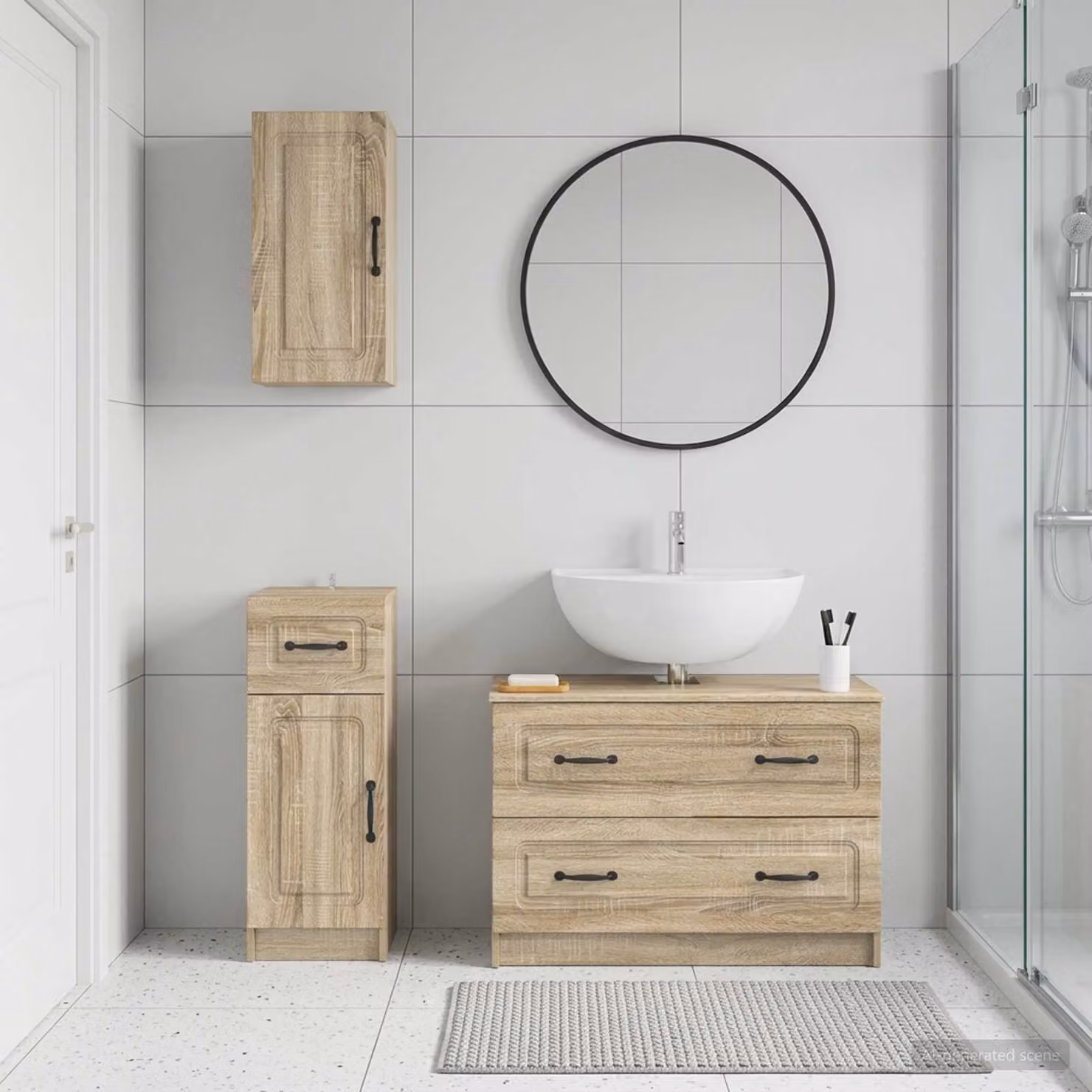 Set di armadietti da bagno vidaXL UTRECHT in 3 pezzi, Rovere Sonoma, marrone, con vanità e pensili sospesi