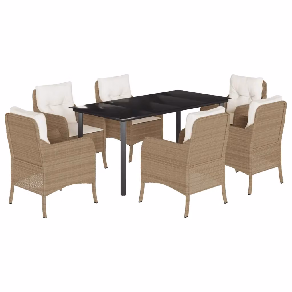 Set da pranzo da giardino vidaXL in polyrattan con cuscini beige e tavolo in vetro, 7 pezzi – 2