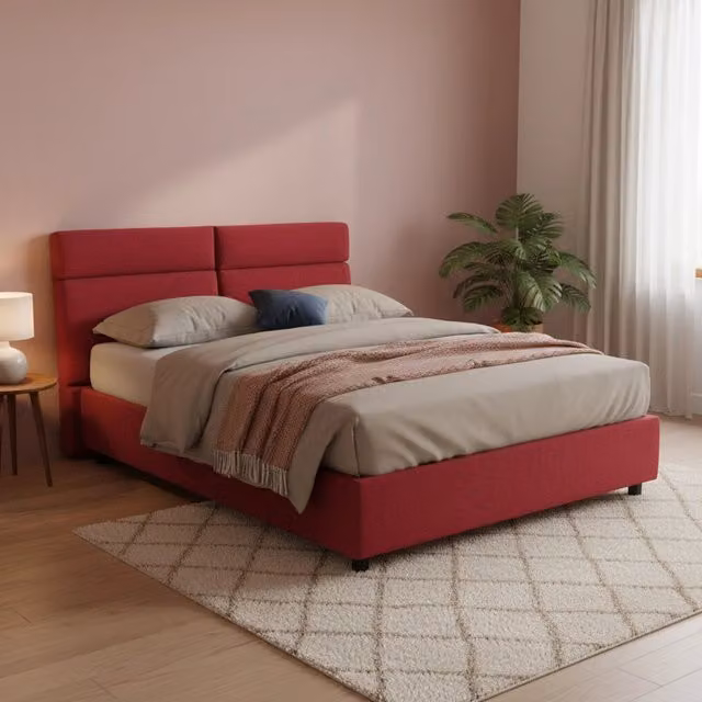 Letto Matrimoniale Asica DMORA con Materasso Incluso, Rivestimento in Tessuto Rosso e Nero, L/P/H: 160 x 200 x 114 cm – 1