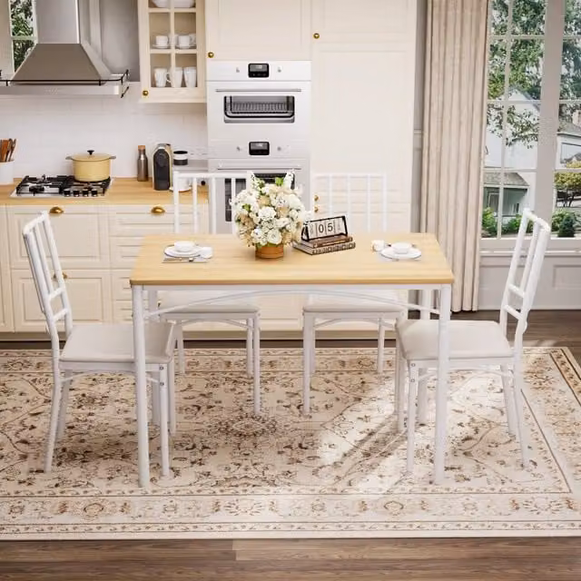 Set tavolo e sedie da pranzo Mivray per 4 persone in bianco e acciaio con sedute imbottite e design moderno