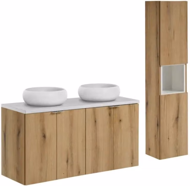 Set VANO finitura quercia e bianco 150cm : mobile sottolavabo con ante + piano per lavabo + lavabo da appoggio rotondo + colonna