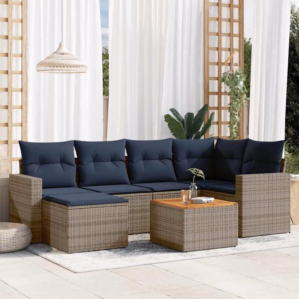 Set di divani da giardino vidaXL in 7 pezzi con cuscini in polyrattan e struttura in metallo, colore grigio e blu, design moderno a forma di L per terrazzo o balcone