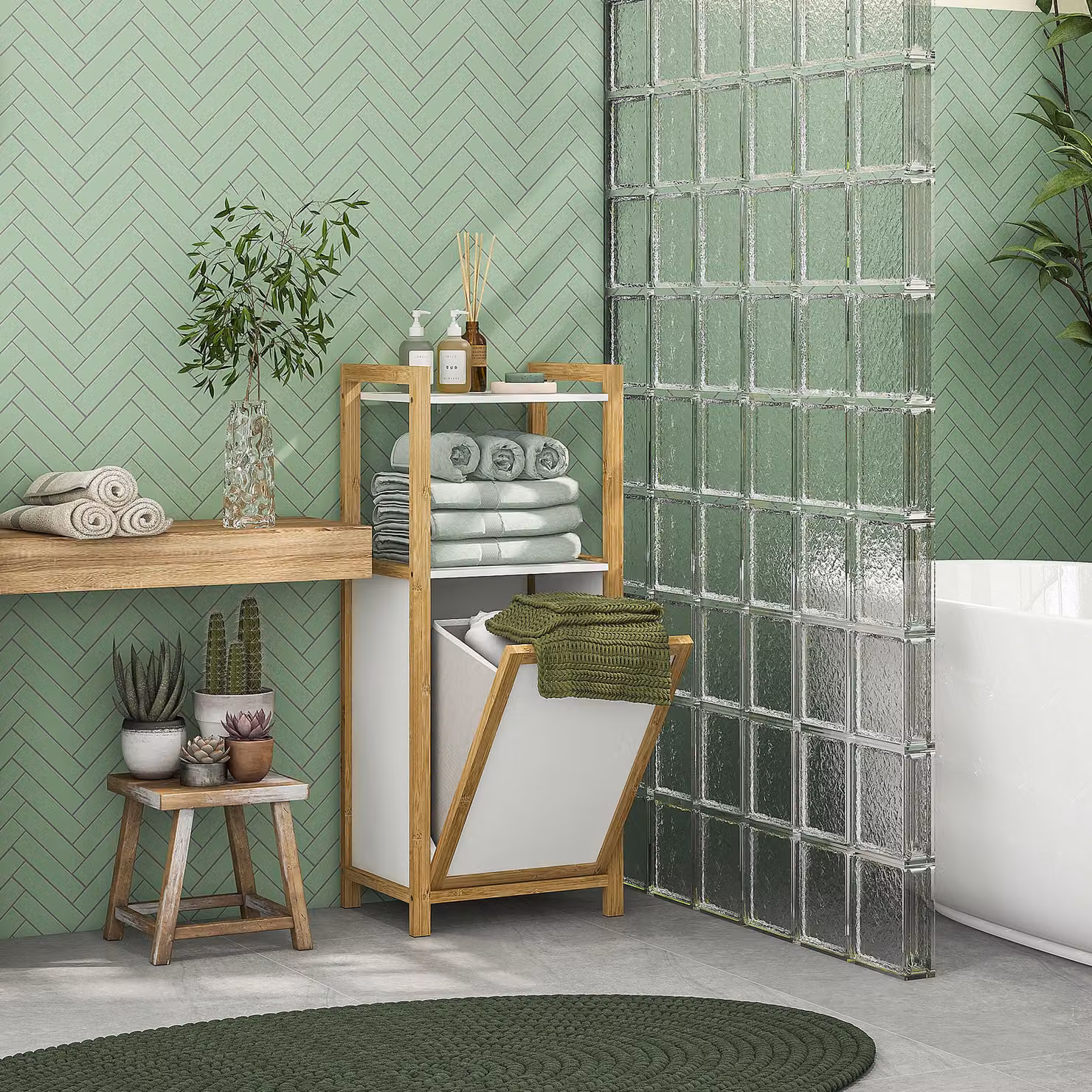 Mobile da bagno in bambù HOMCOM con cesto per il bucato e 2 mensole, colore bianco, L/P/H: 40 x 30 x 86,5 cm – 2