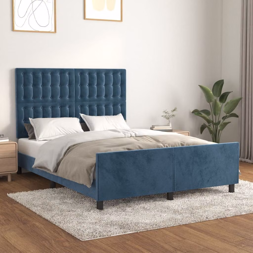 The Living Store Struttura letto con testiera in velluto blu scuro 140x200 cm