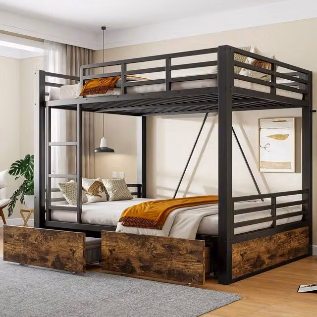 Letto a castello con cassetti ¨C Minimal ¨C nero metallo 90x200 cm con scala e ringhiera di sicurezza