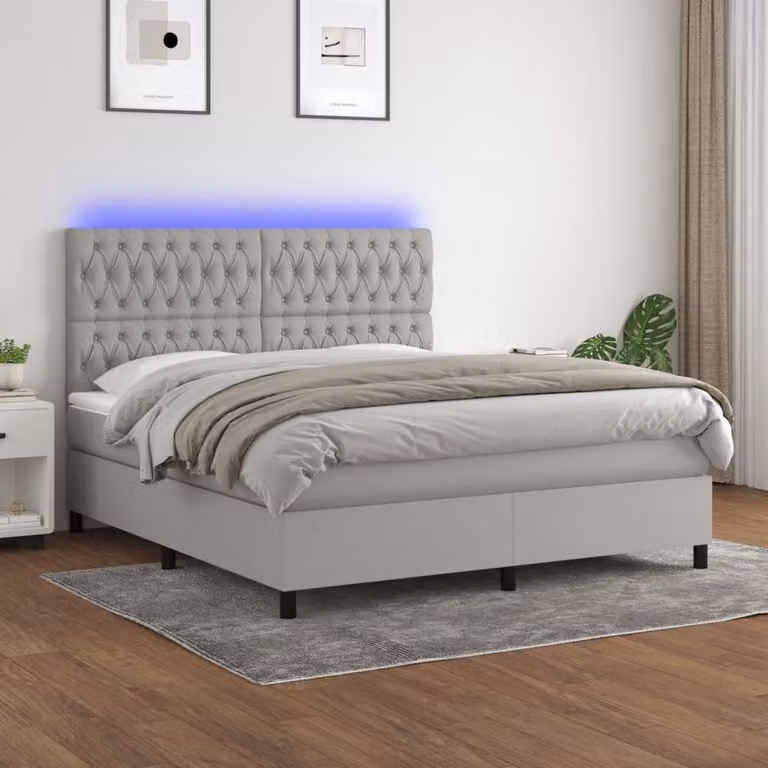 The Living Store Letto a molle con materasso e LED in tessuto grigio chiaro 160x200 cm
