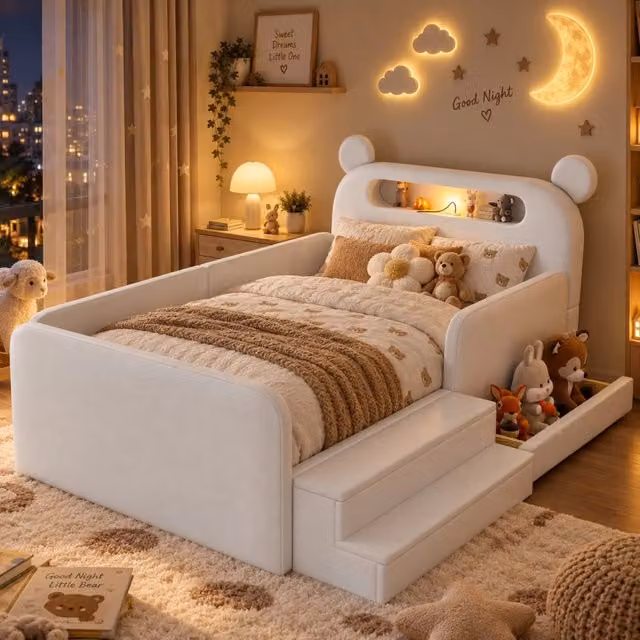 Letto per bambini 90x200 cm - Letto singolo - Letto imbottito - Letto multifunzionale - Letto a pavimento - Con vano portaoggetti - Con luce notturna - Con porta di ricarica USB - Sicuro e confortevole