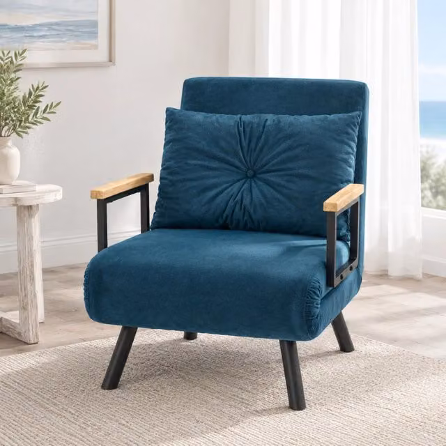 Poltrona letto ULEVR 63x73x81 cm blu con schienale reclinabile in 5 posizioni e cuscino, rivestimento in poliestere