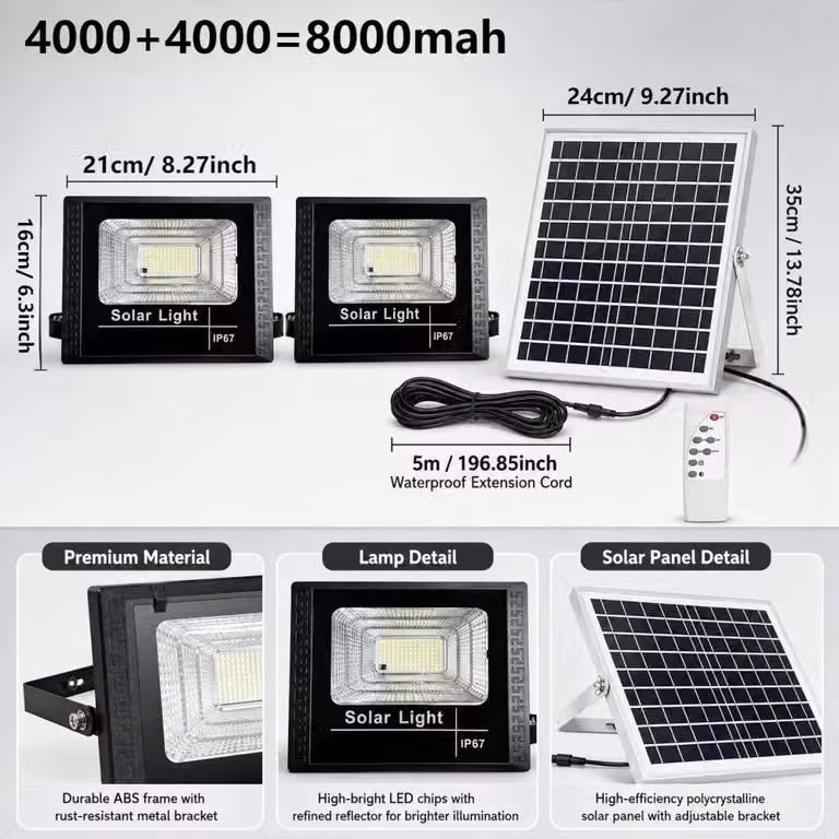 Lampada solare da esterno a due luci - 8000 mAh - LED - Grado di protezione IP65 (resistente all'acqua) - Dimmerabile - Ideale per il giardino