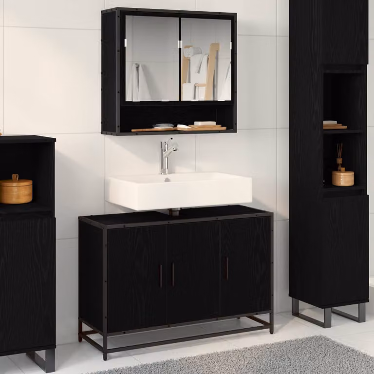Mobile da bagno moderno vidaXL in rovere e nero con illuminazione LED L 90 x P 33 x H 60 cm