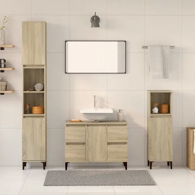 Set Mobili da Bagno Moderno vidaXL in Legno e Metallo, 3 Pezzi, Colore Marrone e Beige, H 190 x L 80 x P 33 cm