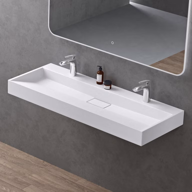 doporro Lavabo da Appoggio Bagno Sospeso Lavandino Rettangolare in Marmoresina con Piletta di Scarico Inclusa Colossum19, 120x46x11 cm Bianco Opaco 2 Fori per Rubinetto