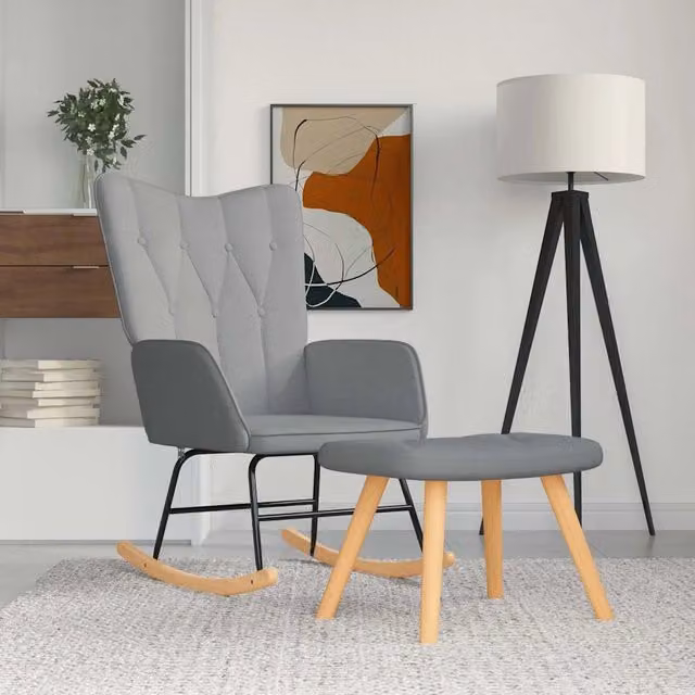 Poltrona a dondolo con poggiapiedi DESIGN IN in tessuto grigio chiaro e struttura mista per il tuo relax in soggiorno – 1