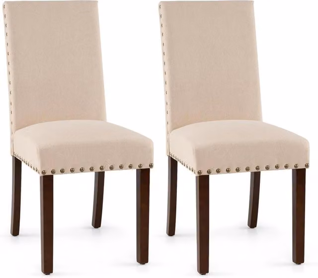 Set di 2 Sedie da Pranzo Imbottite, Sedie da Cucina con Schienale Alto, Gambe in Legno Massello e Piedini Regolabili, Portata 155 kg, Sgabelli Moderni per Cucina, Soggiorno e Ufficio (Beige)