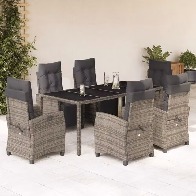 Set da pranzo da giardino vidaXL in polyrattan grigio con tavolo in vetro e 7 pezzi